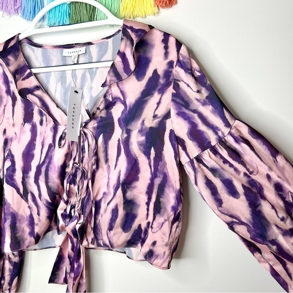 Topshop Pink and Purple Tie Dye Ruffle Flouncy Lightweight Blouse Size 6 - Picture 7 of 16